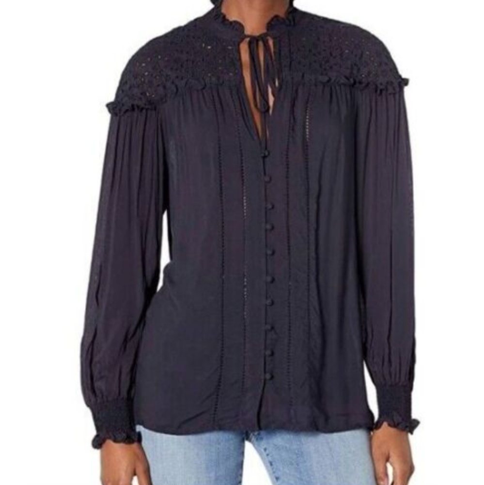 Johnny Was Eyelet Embroidered Ruffles Peasant L/S Button-Down
